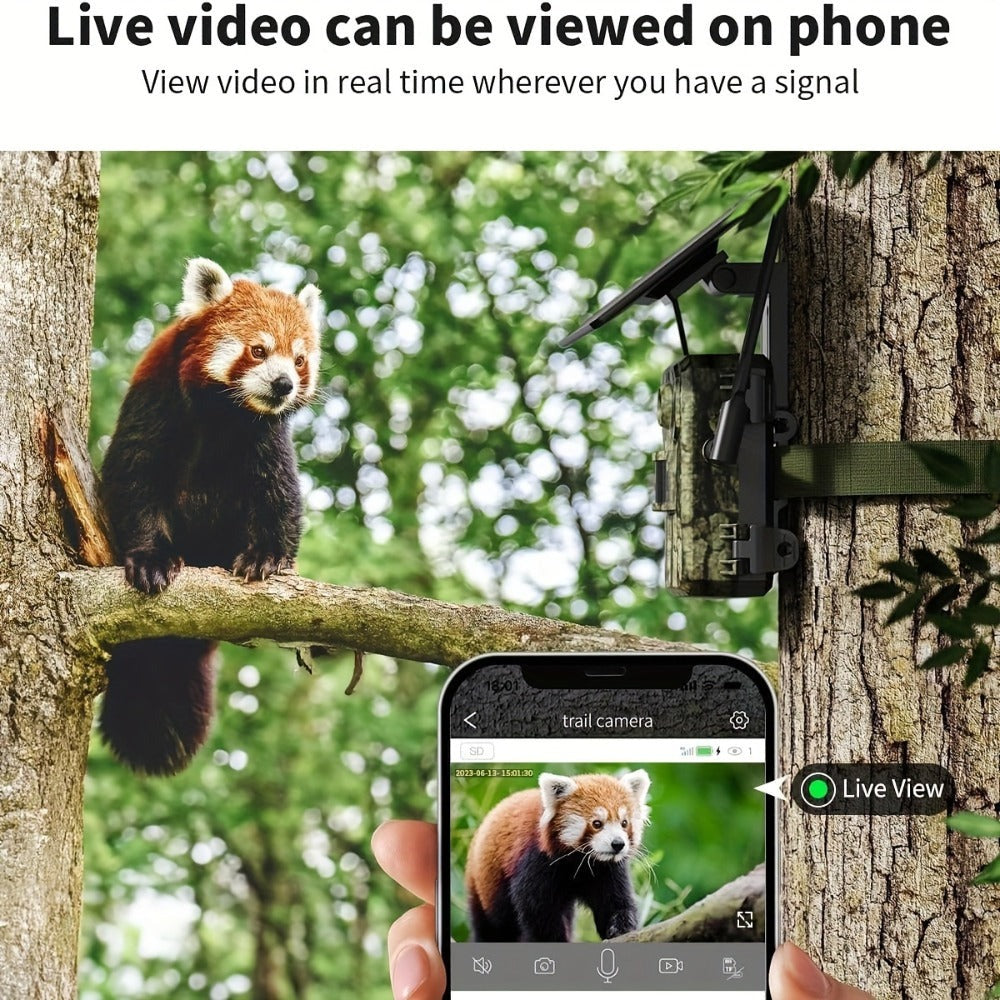 Camara Celular con Energía Solar 3G/4G LTE para Senderos con Transmisión en Vivo de 2.7K, Activación por Movimiento de 0.2s, Visión Nocturna, Almacenamiento en SD/Nube y Tarjeta SIM Incluida - Cámara para Caza y Vida Silvestre al Aire Libre
