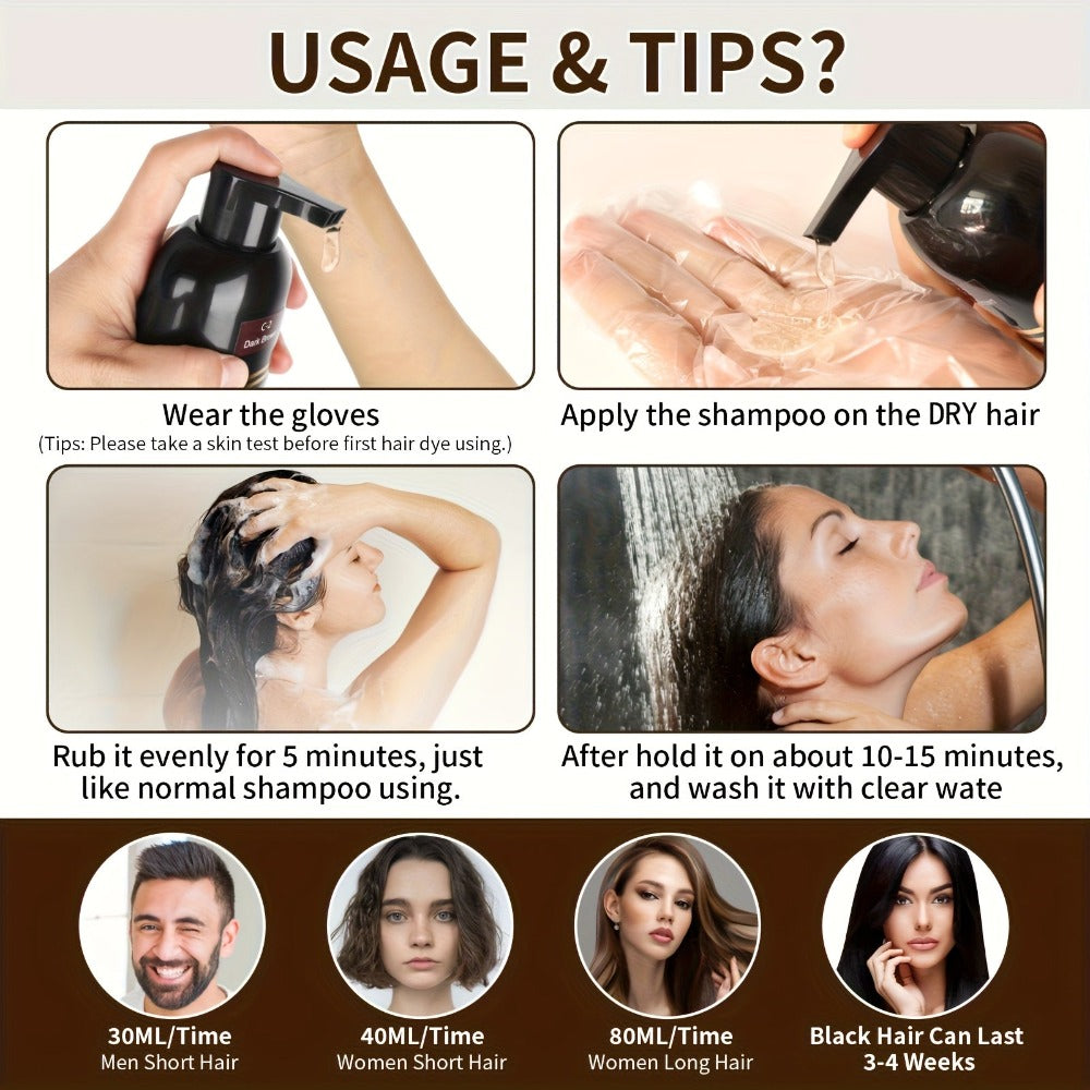 Pack de 2 Champú y Tinte para el Cabello (3 en 1), Apto para Hombres y Mujeres. Coloración Instantánea del Cabello, Cobertura 100% de Cabello Gris, Coloración Natural, Termina en Minutos. Fórmula Sin Amoniaco, Dura 30 Días. ¡Un Esencial para Navidad!