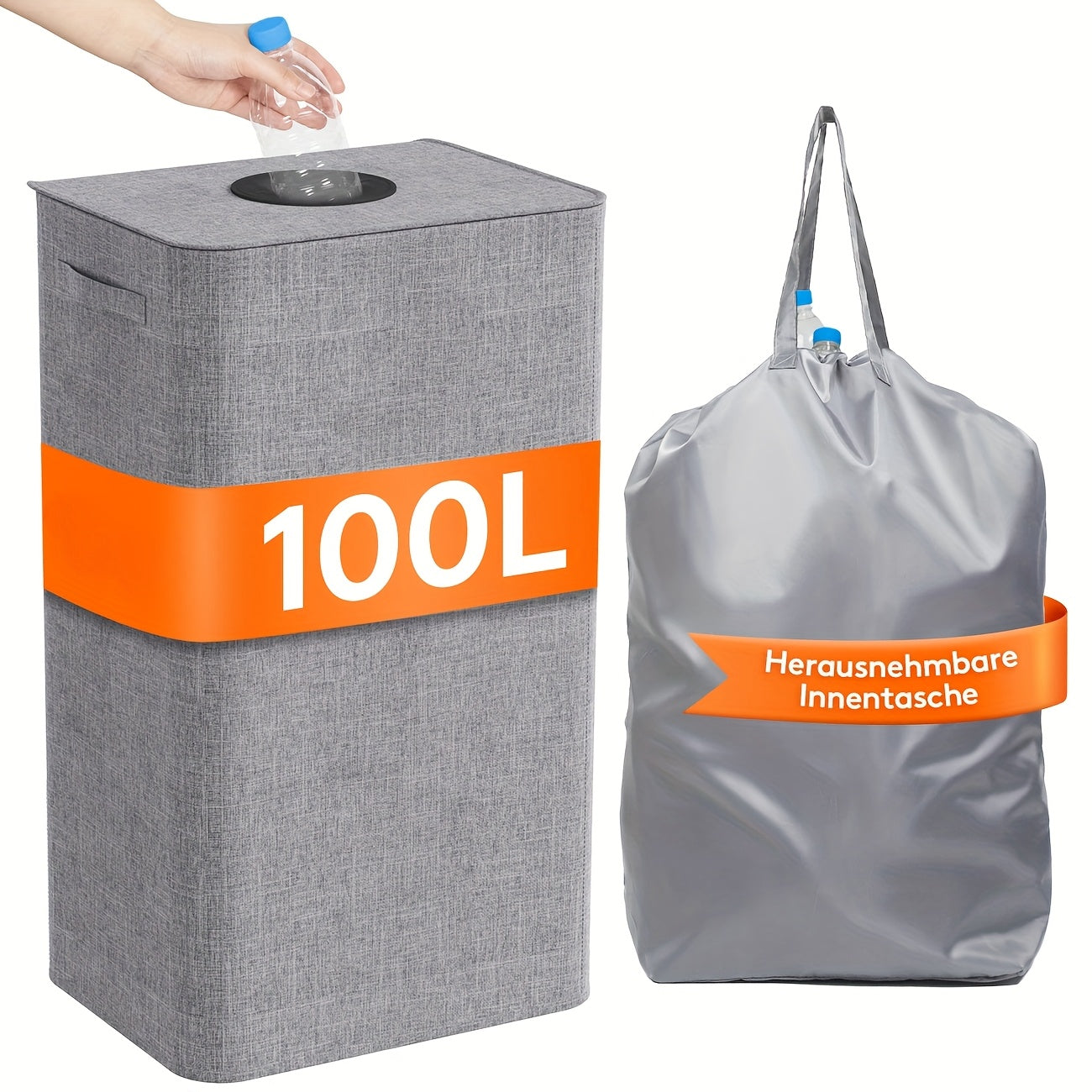 Contenedor Plegable de Lona para Botellas de Depósito de 100L con Tapa - Cubo de Residuos Rectangular de Gran Capacidad para Cocina, Hogar y Oficina - Almacenamiento Duradero en para Botellas Vacías de Vidrio y Plástico, Contenedores de Reciclaje