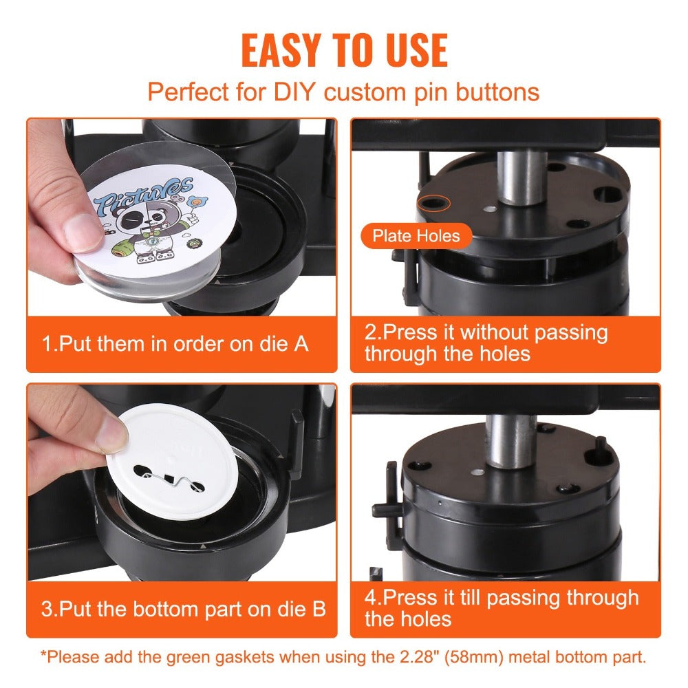 Máquina para hacer botones VEVOR, 1/1.25/2.28 pulgadas (25/32/58 mm) 3-en-1 para hacer pines, kit de prensa para perforar insignias sin necesidad de instalación, suministros para hacer botones con 300 piezas para botones, cortador circular, libro mágico