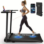 Cinta de correr plegable 2 en 1 con motor de CC de pico de 2.0 HP, velocidad ajustable de 1-12 km/h, panel de 4 pantallas LED con altavoces integrados, 12 programas preestablecidos + 3 modos de entrenamiento, equipo de fitness compacto para el hogar para