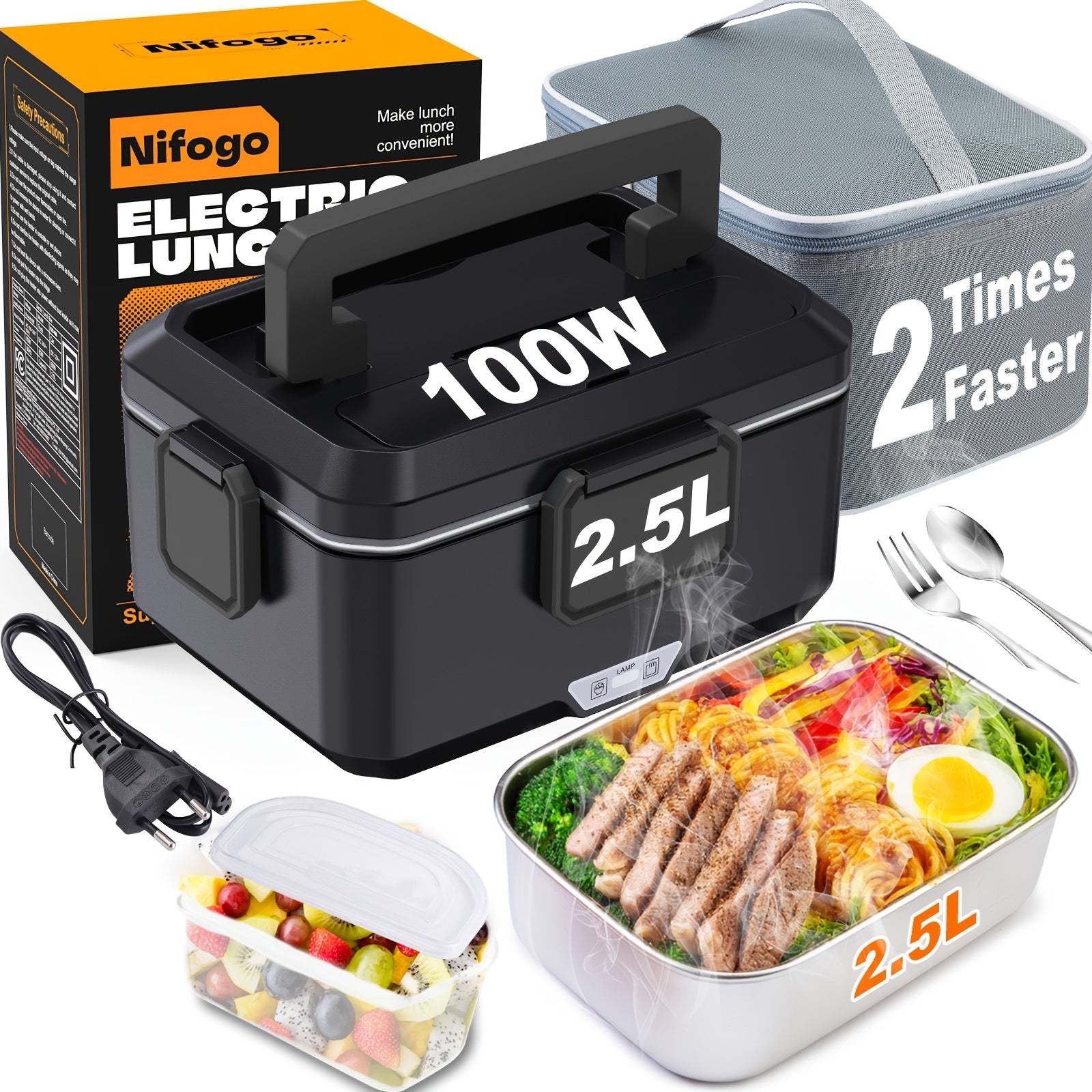 Caja de Almuerzo Portátil con Calentamiento - Capacidad de 2.5 Litros, Acero Inoxidable, Pan Desmontable, Adecuada para Coche, Camión, Oficina, Enchufe Tipo - para Vehículo o Calentamiento (Bolsa Aislante Incluida)