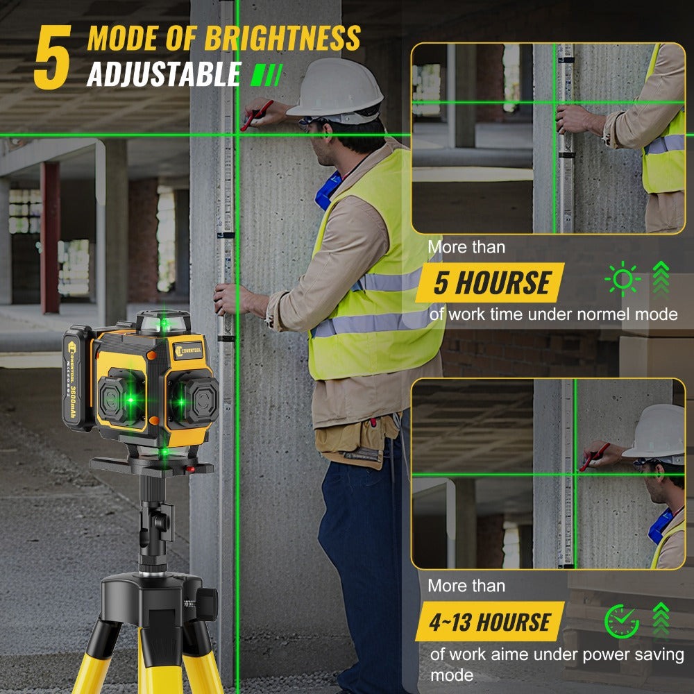 Nivel Láser Verde 4D de 16 líneas con retícula horizontal y vertical de alta precisión, rotación de 360°, nivelación automática y es un nivel láser multifuncional para medición precisa. Equipado con dos baterías de litio de 2400mAh/3600mAh