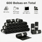 Bolsas Caca Perro 600 Unidades, 40 Rollos Gruesas Anti-Fuga, Bolsas Excrementos Perros Negras 23x30 cm, Recambio Rollos Mascotas, Bolsas Higiénicas Resistentes - HANSEL HOME