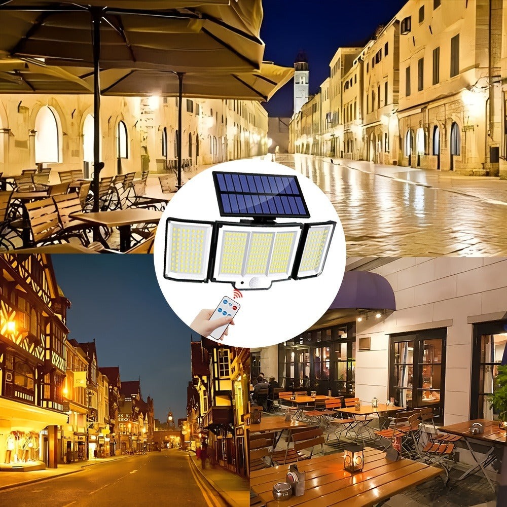 Juego de 2/4 piezas de luz solar para exterior, luz solar con sensor de movimiento de 348 LED y control remoto, luz de pared solar con 3 modos de iluminación, reflector de seguridad de gran angular de 270°, para porche, patio, jardín, garaje, pasillo, ter