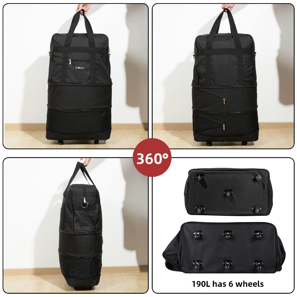 Bolsa de viaje de tela duradera diseñada para flexibilidad con espacio expandible. Viene con ruedas suaves y asas reforzadas para un transporte versátil. Incluye un práctico bolsillo frontal. Disponible en 3 tamaños, perfecta para todas tus necesidades de