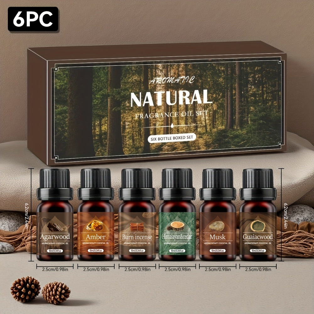 Un set de 6 aceites esenciales perfumados de madera para regalos de Ramadán, regalos de Pascua, que incluye difusor, velas perfumadas, quema incienso, piedras de incienso, humidificador, para coche y recambios de aceites esenciales para el hogar
