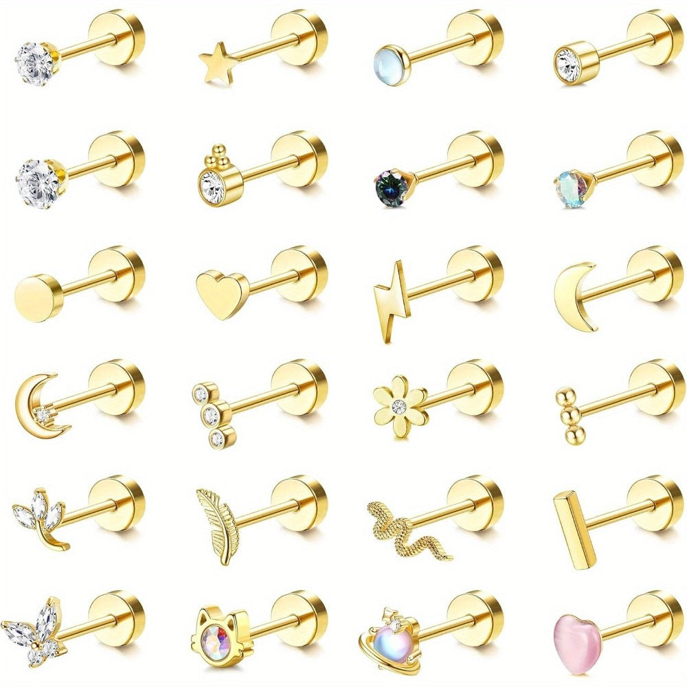 2D Plano - 24pcs Pendientes de Cartílago para Mujer Hombre 20G Acero quirúrgico Plano Dorso Pendientes de Plata CZ para helix Concha Pendientes Pequeños de Dorso Plano Hipoalergénicos