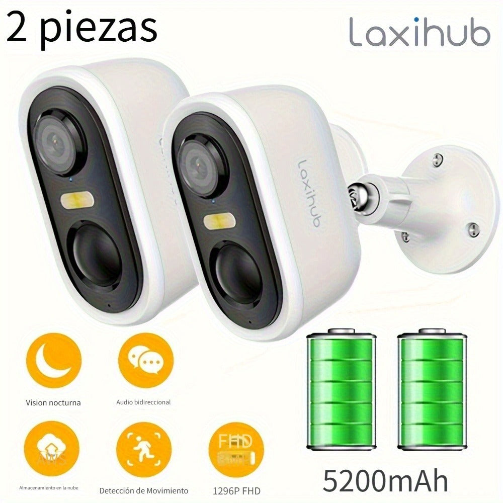 2 piezas Cámara de seguridad exterior LaxiHub, resolución 1296P, cámara CCTV con batería de 5200mAh para seguridad del hogar, almacenamiento en la nube/SD (hasta 256G), detección de movimiento con IA, foco, visión nocturna en color, audio bidireccional, d
