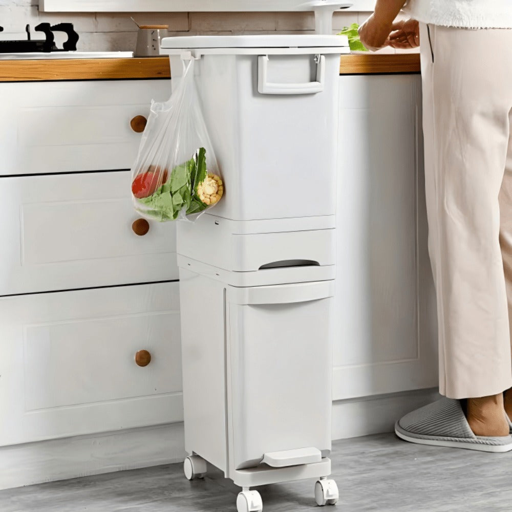 Cubo de Basura Estrecho de 3 Capas con Tapa - Delgado, Gran Capacidad, Doble Compartimento para Separación Seca y Húmeda con Ruedas y Asas para Fácil Movimiento, Perfecto para Separación de Residuos de Cocina, Operado con Pedal, Espacio de Cocina, Uso Dom