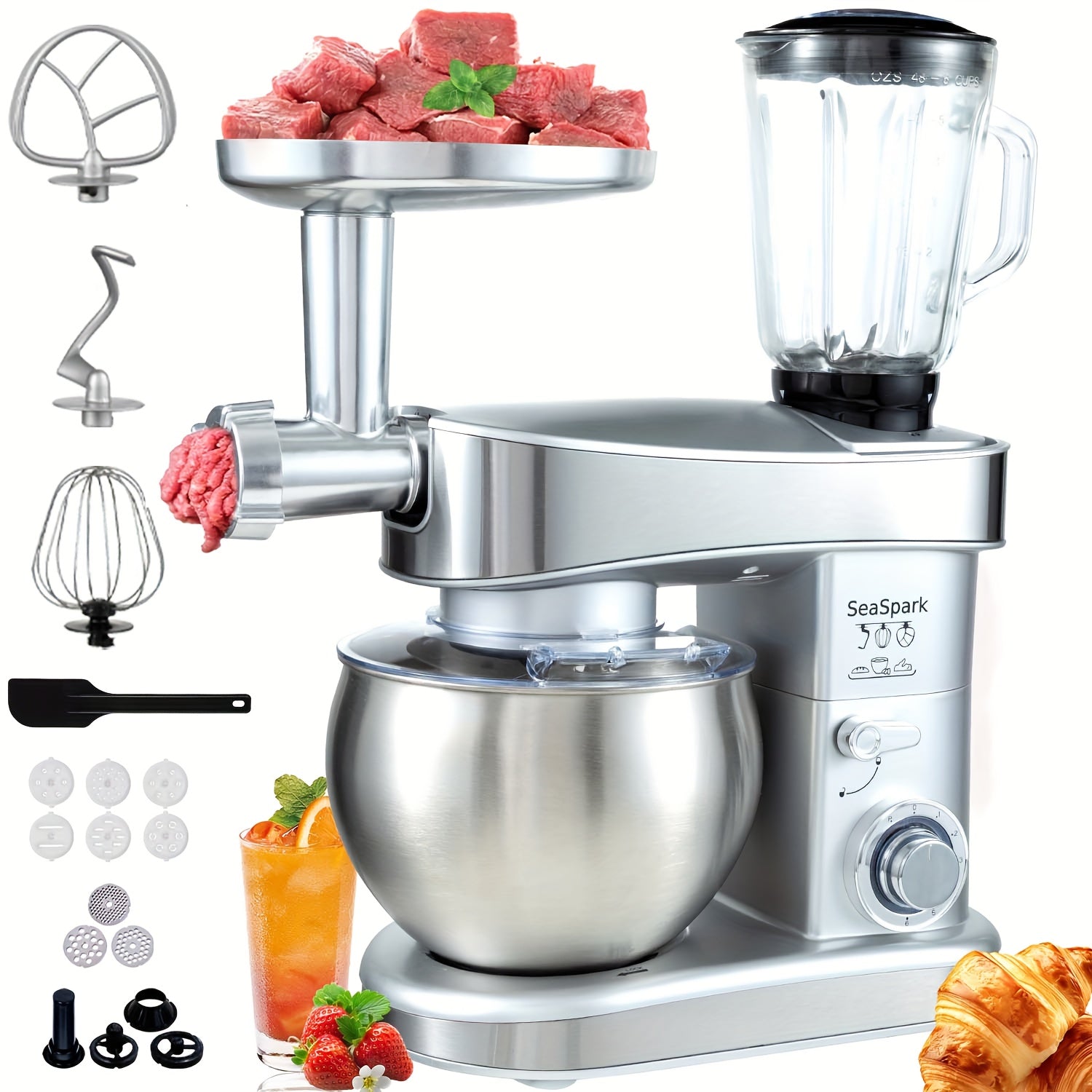 Batidora de pie 6 en 1, 1200W de 6 velocidades con botón de pulsos, accesorios con tazón de acero inoxidable de 6L, mezcladora eléctrica vertical, gancho para masa, batidor de huevos, espátula, accesorios para exprimidor, accesorios para picadora de carne