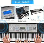 Conjunto de Piano Teclado Eléctrico de 61 Teclas, Diseñado para Principiantes, con 500 Sonidos y un Modo de Enseñanza de Tres Niveles, Incluye un Soporte, Taburete, Pantalla LCD y Atril