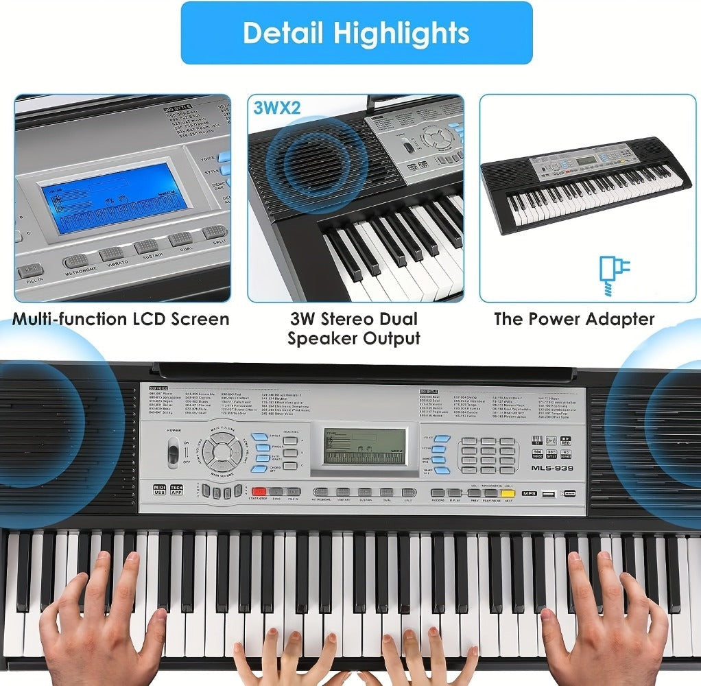 Conjunto de Piano Teclado Eléctrico de 61 Teclas, Diseñado para Principiantes, con 500 Sonidos y un Modo de Enseñanza de Tres Niveles, Incluye un Soporte, Taburete, Pantalla LCD y Atril