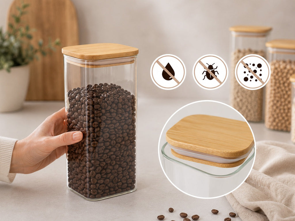 Set de recipientes grandes de vidrio para almacenamiento de alimentos, 4pza.s, 1000Ml | Tarros de cocina altos con tapa de bambú natural y sello de silicona | Contenedores de organización de cocina y despensa para productos secos, espagueti, arroz y cerea