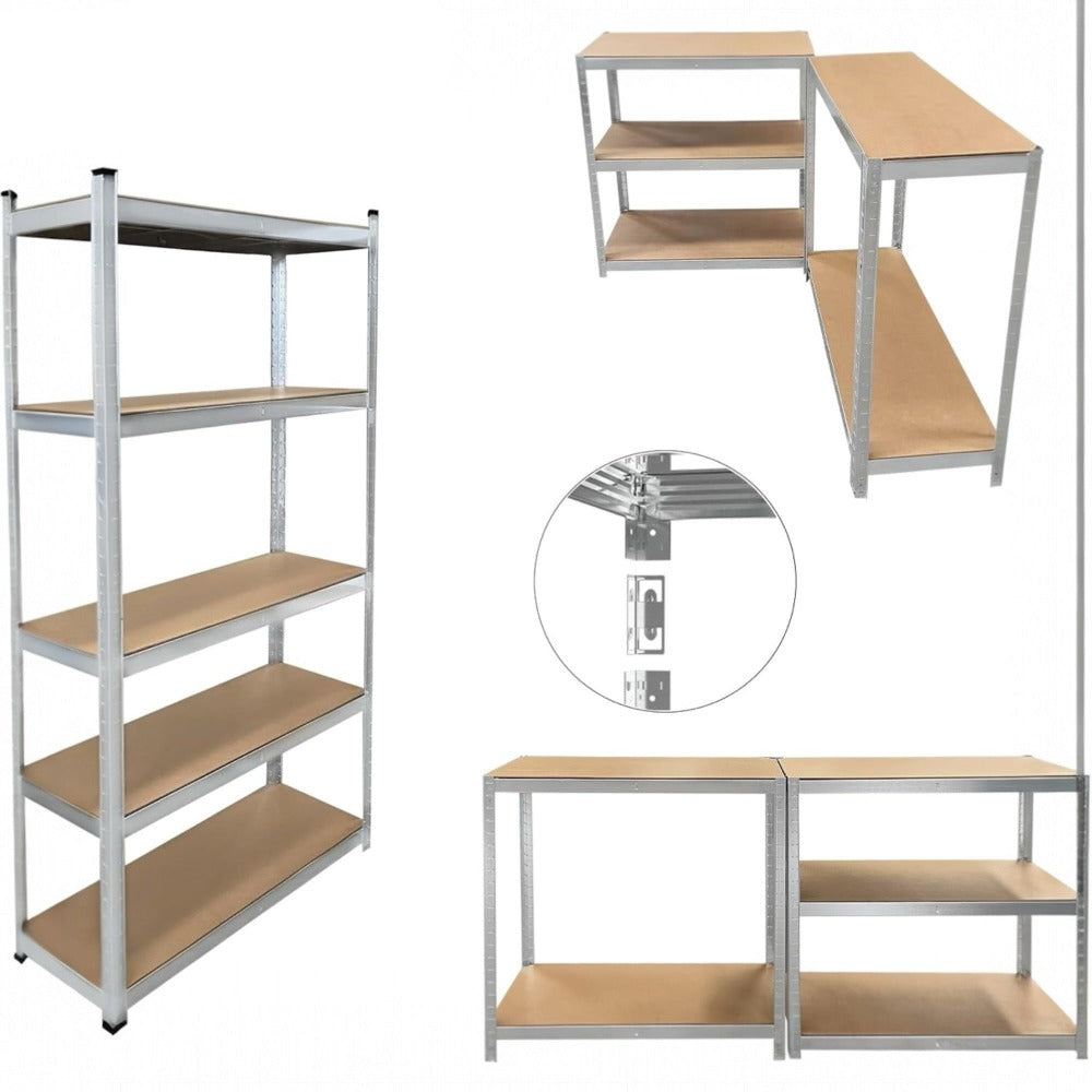 Estantería Metálica Almacenaje de Acero Galvanizado con 5 Baldas de MDF, Plata, 180x90x40cm Modular, Baldas Ajustables, trastero, Garaje.