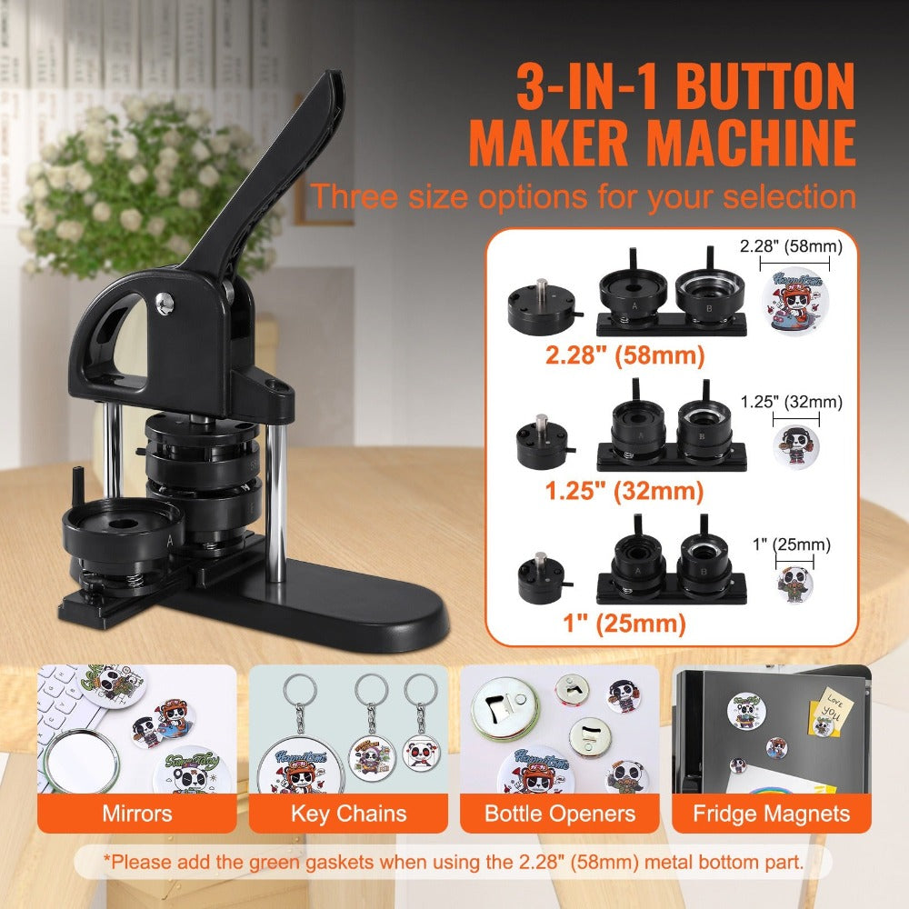 Máquina para hacer botones VEVOR, 1/1.25/2.28 pulgadas (25/32/58 mm) 3-en-1 para hacer pines, kit de prensa para perforar insignias sin necesidad de instalación, suministros para hacer botones con 300 piezas para botones, cortador circular, libro mágico