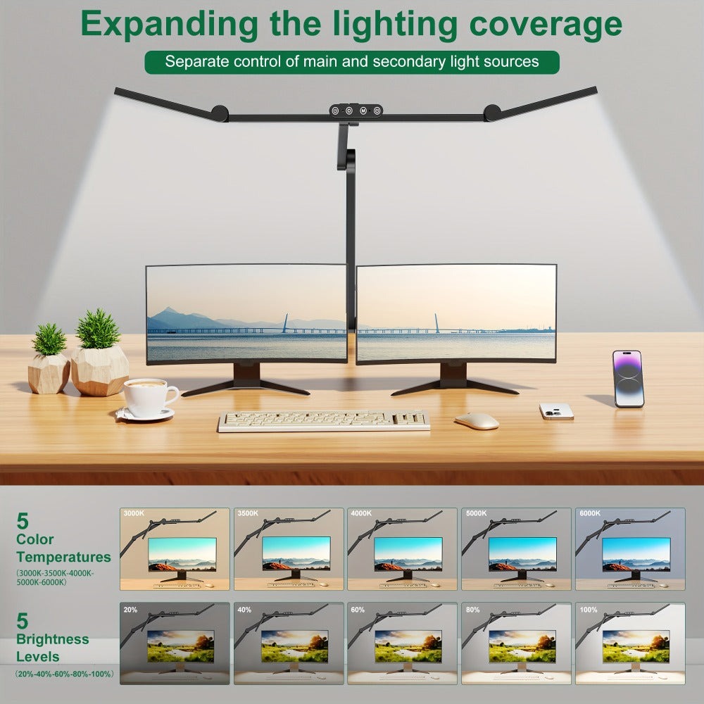 Lámpara de escritorio LED inteligente de cuello de cisne de 24W | Amplio pantalla multi pantalla, clip, iluminación de ángulo arbitrario, brillo y color ajustables, control táctil, gradación de color, montaje de mesa, uso en interiores, fuente de alimenta