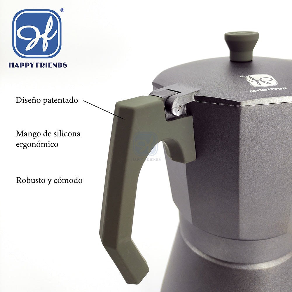 Cafetera Italiana Espresso de Aluminio para Inducción Vitro Gas Eléctrica. Cafetera de distintos tamaños 6/9/12 Tazas - Happy Friends