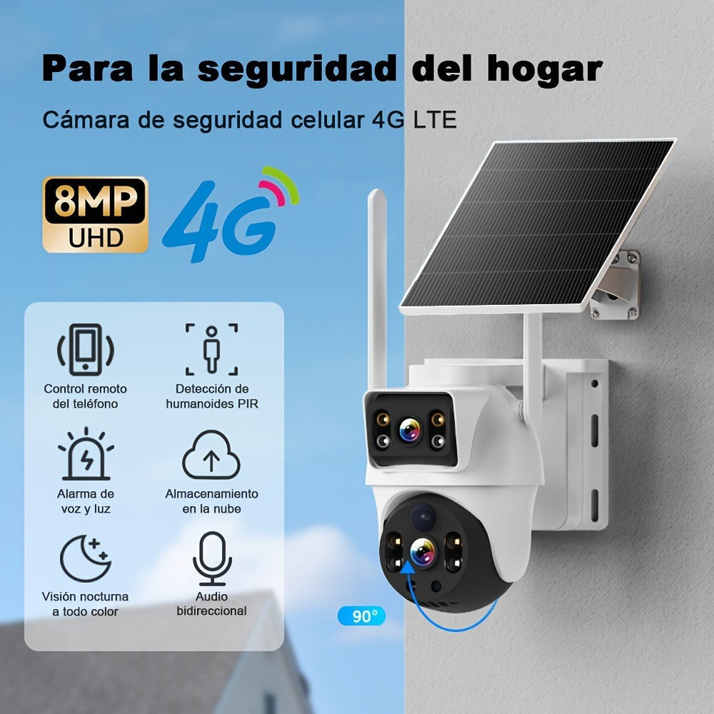 Cámara de seguridad inteligente solar de doble lente 4G para exterior con 8MP, detección de movimiento, audio bidireccional, visión nocturna a todo color, notificaciones de alarma, equipada con tarjeta SIM