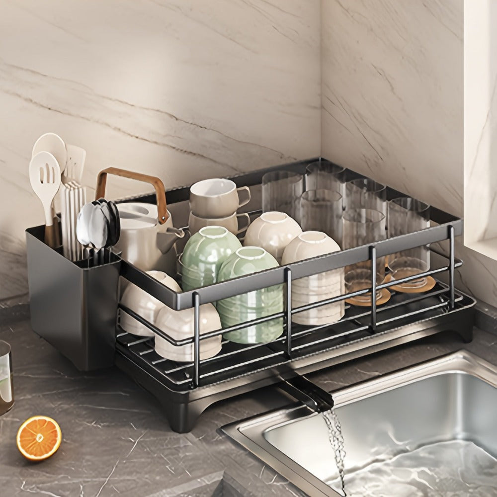 Escurridor de platos grande con bandeja de drenaje, escurridor de platos de acero al carbono para encimera de cocina, escurridor de platos extraíble, organizador y almacenamiento de cocina (negro, blanco)