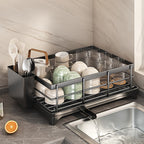 Escurridor de platos grande con bandeja de drenaje, escurridor de platos de acero al carbono para encimera de cocina, escurridor de platos extraíble, organizador y almacenamiento de cocina (negro, blanco)