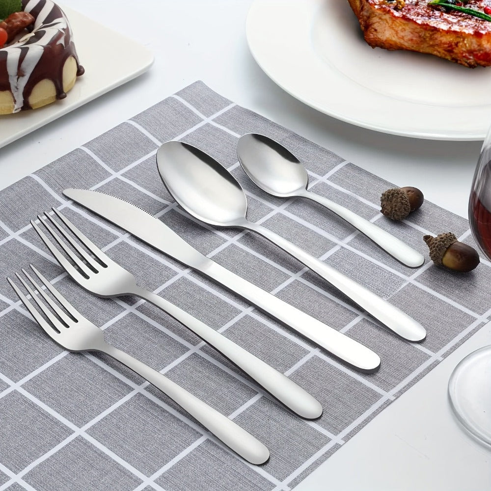 Juego de 30 piezas de cubertería de acero inoxidable plateado para 6 personas. Vajilla de alta calidad con cuchillos, tenedores y cucharas. Juego de cubertería para hotel, fiesta, boda, hogar, cocina, restaurante, exterior. Muy pulido, mango ergonómico. L