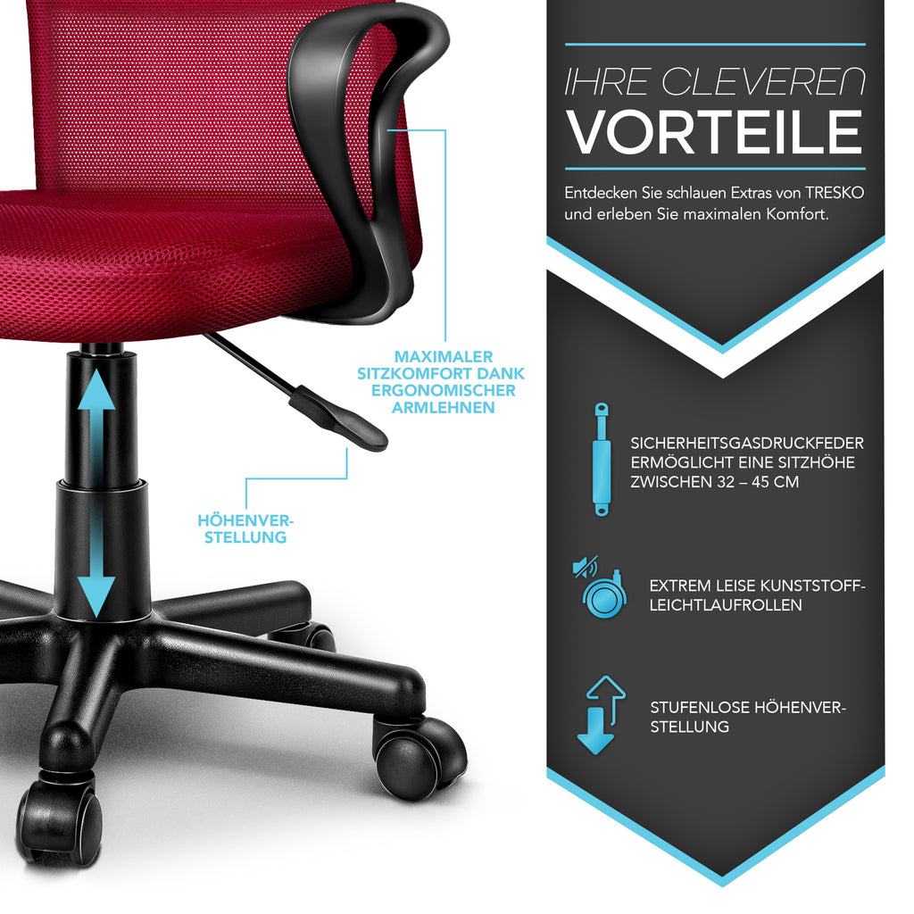 Silla de Oficina TRESKO® con Reposabrazos, Altura Ajustable Continua | Silla Giratoria de Malla Transpirable | Silla de Escritorio con Ruedas de Plástico Ligeras, Superficie Acolchada, Ajuste Ergonómico | Silla de Ordenador Ideal para Oficina en Casa, Hab