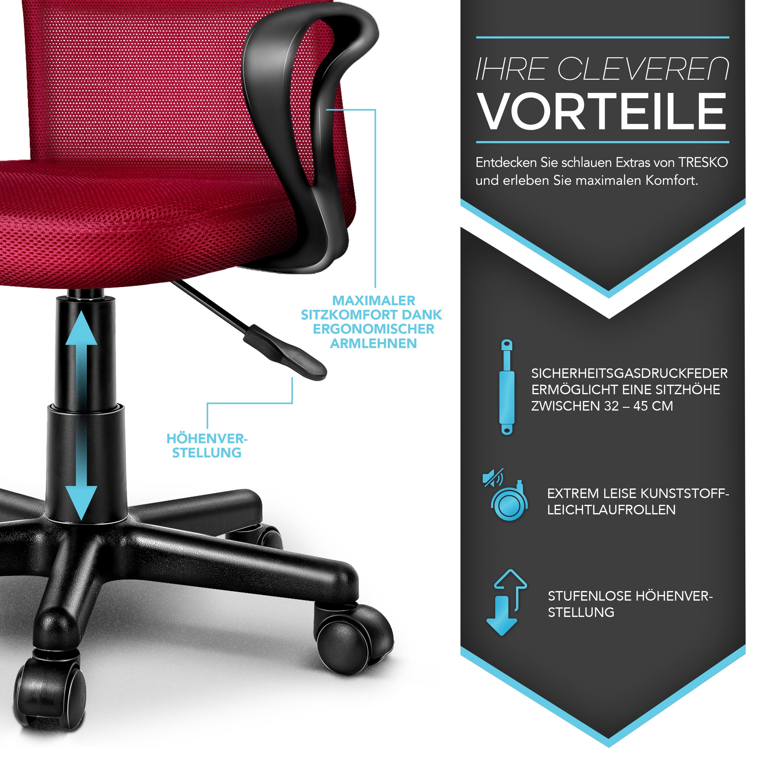 Silla de Oficina TRESKO® con Reposabrazos, Altura Ajustable Continua | Silla Giratoria de Malla Transpirable | Silla de Escritorio con Ruedas de Plástico Ligeras, Superficie Acolchada, Ajuste Ergonómico | Silla de Ordenador Ideal para Oficina en Casa, Hab