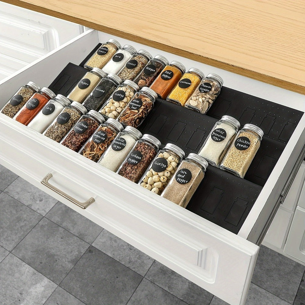Cajón organizador de especias de 6 piezas, el cajón de almacenamiento de especias se puede extender de 29.5 cm a 59 cm, el cajón inserto para especias tiene una textura mate y el organizador de especias tiene pomos antideslizantes