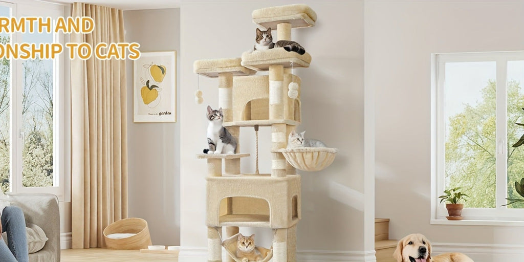 Árbol para gatos, Árbol para gatos de 176 cm, XL, 3 plataformas, 2 cuevas, 7 postes rascadores, hamaca, pelotas de felpa, poste rascador para gatos para hogares con múltiples gatos, Beige