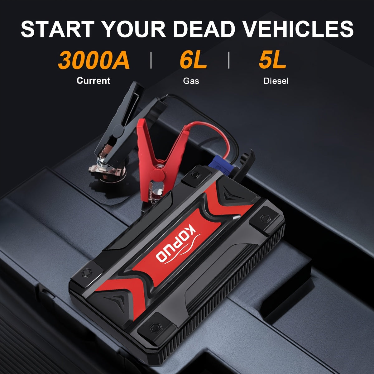 Arrancador portátil de batería de coche KOPUO 6000A - Herramienta profesional de mecánico automotriz (hasta 8.5L gasolina/7L diésel) Banco de baterías de emergencia de 12V con pinzas de seguridad inteligentes, pantalla LCD, diseño de luz LED ultrabrillant
