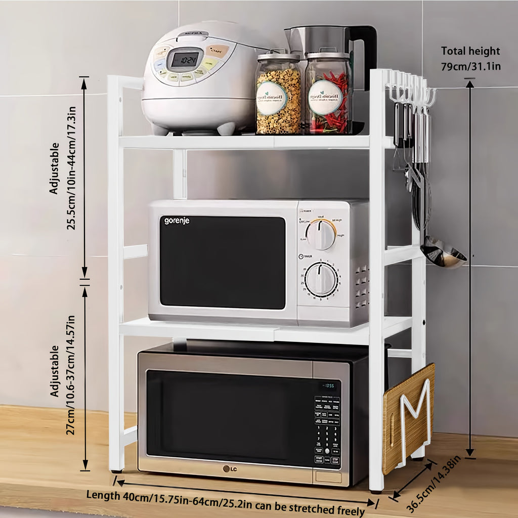 Estante para Microondas de 3 Niveles Extensible con 6 Ganchos, Estante de Cocina, Organizador de Especias, Organizador de Gabinete para Cocinas, , Extensible de 40 a 64 cm