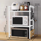 Estante para Microondas de 3 Niveles Extensible con 6 Ganchos, Estante de Cocina, Organizador de Especias, Organizador de Gabinete para Cocinas, , Extensible de 40 a 64 cm