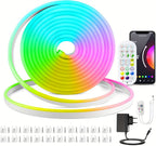 Tira de luz LED neón regulable de 5/10 metros, función, tira de luz neón RGB para juegos con sincronización de música controlada por aplicación, fuente de alimentación estándar europeo, adecuada para uso en interiores, cocina, sala de estar, techo de dorm
