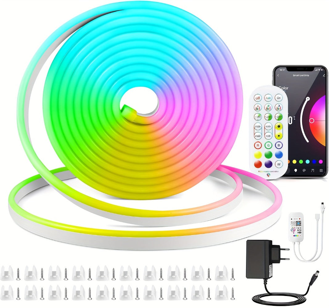 Tira de luz LED neón regulable de 5/10 metros, función, tira de luz neón RGB para juegos con sincronización de música controlada por aplicación, fuente de alimentación estándar europeo, adecuada para uso en interiores, cocina, sala de estar, techo de dorm