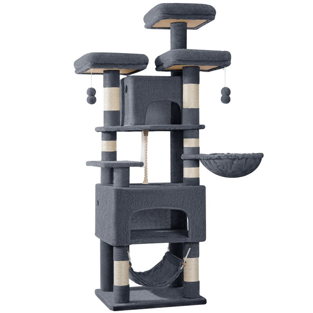 Árbol para gatos, Árbol para gatos de 176 cm, XL, 3 plataformas, 2 cuevas, 7 postes rascadores, hamaca, pelotas de felpa, poste rascador para gatos para hogares con múltiples gatos, Beige