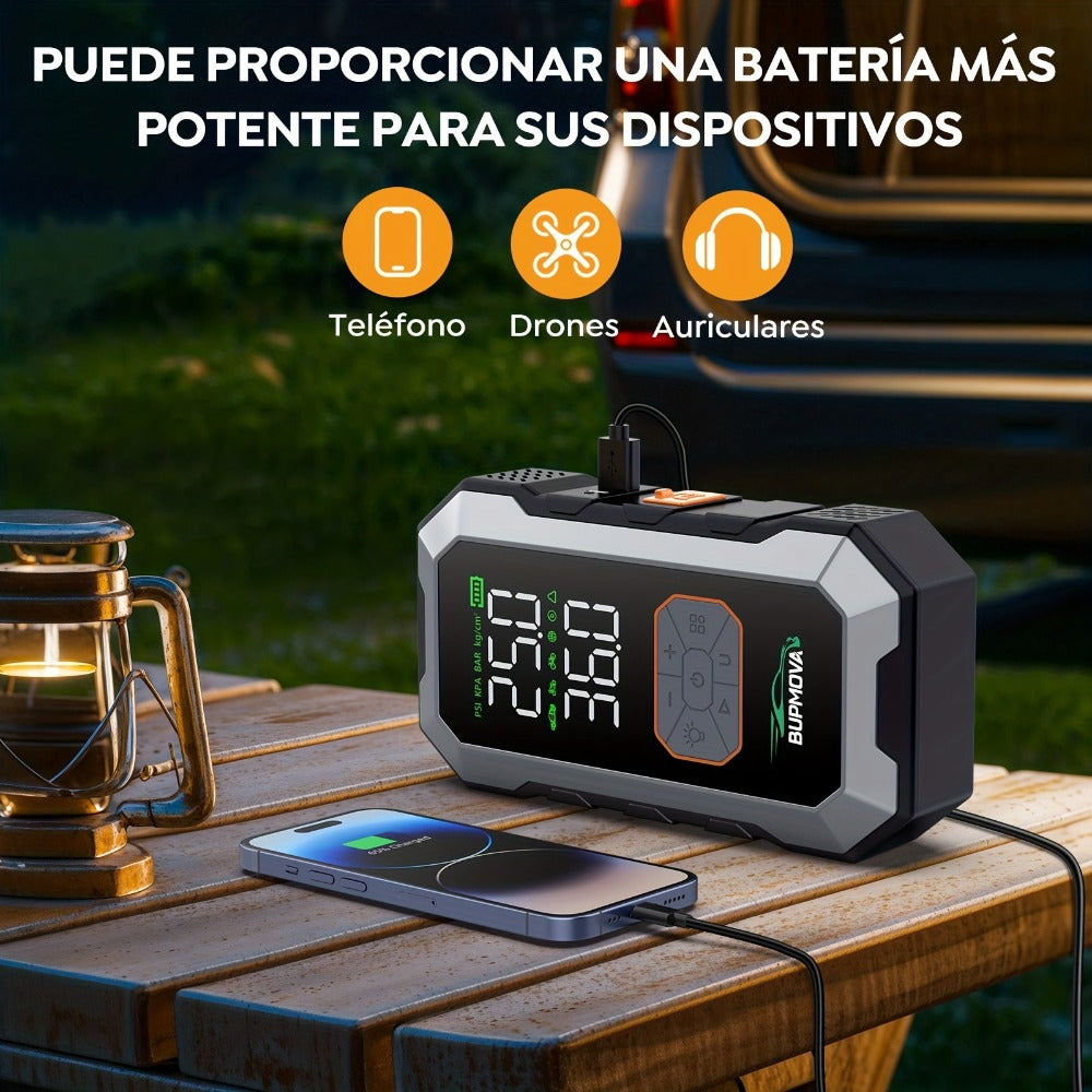 Arrancador de Coche 12000A con Compresor de Aire Inflador de Neumáticos Inalámbrico, Booster de Batería de 25000mAh con Pack de Batería Externa y Linternas LED, Caja de Arranque Automático de 12V para Todos los Vehículos de Gasolina o Diésel de 10.0L, Pan