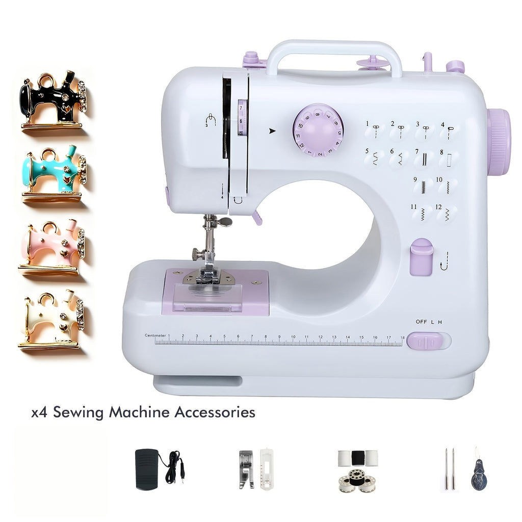 Mini Máquina de Coser para Principiantes, 12 Agujas Multifuncional para el Hogar, Portátil, de Doble Hilo, Inversión de Puntos, Dos Velocidades, Alimentada por Batería, (Batería No Incluida en el Paquete)