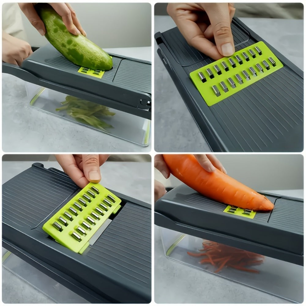 1 Juego de Picadora Manual de Verduras 16 en 1, con 8 Cuchillas, Recipiente, Pelador y Filtro, Fácil para Preparar Comidas, Cortador Profesional de Cebolla, Zanahoria y Ajo, Utensilios de Cocina