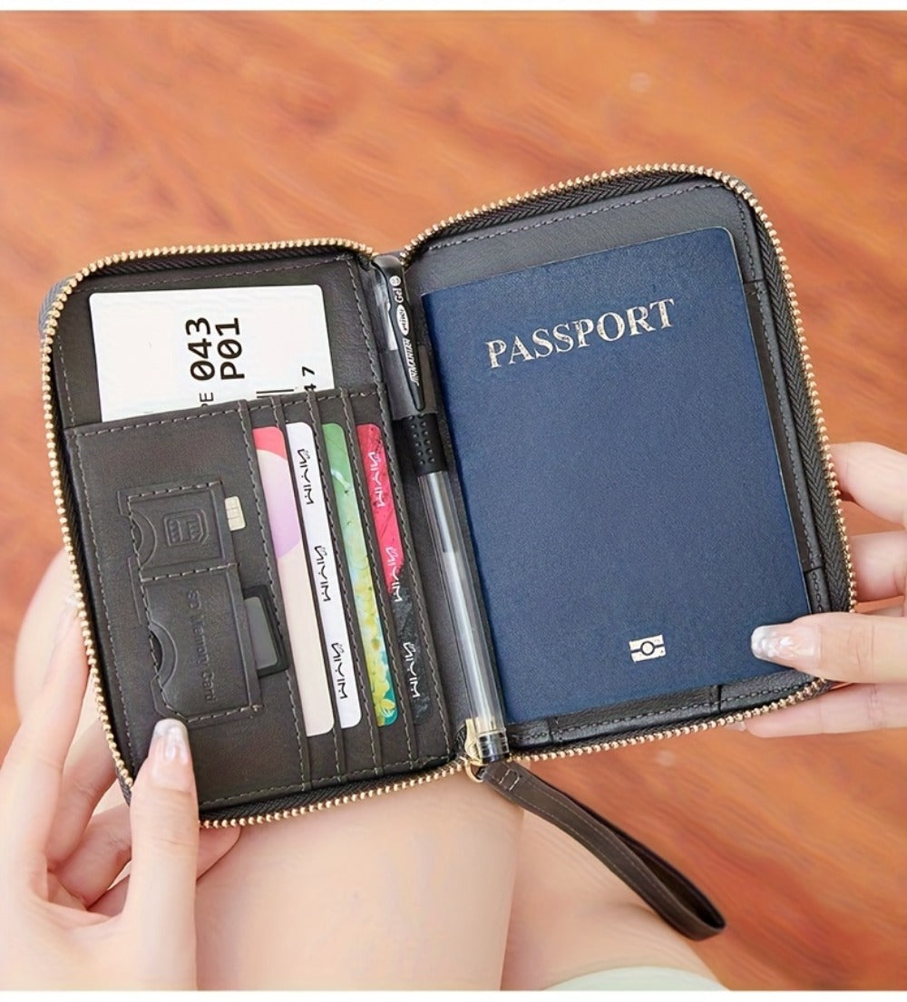 Portapassaporte RFID con cremallera y correa de muñeca, bolsa de almacenamiento multifuncional portátil para viajes, pasaporte y documentos, tarjetero
