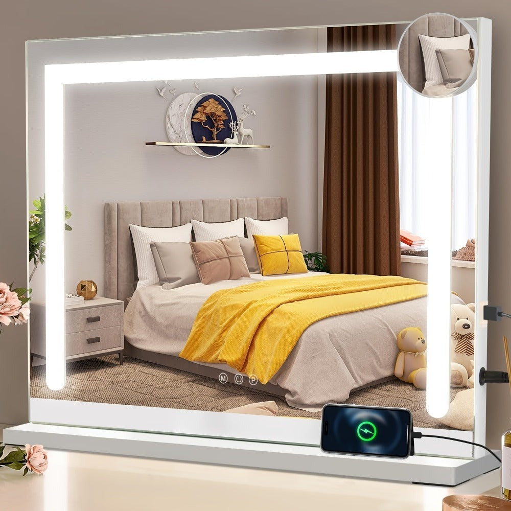 Espejo de Maquillaje de Hollywood con Iluminación - (50 X 40 Cm/58 X 46Cm/70 X 55Cm/80 X 60Cm) Espejo LED Regulable con 3 Modos de Luz USB Conexión Espejo de Maquillaje Inteligente para Dormitorio Tráiler