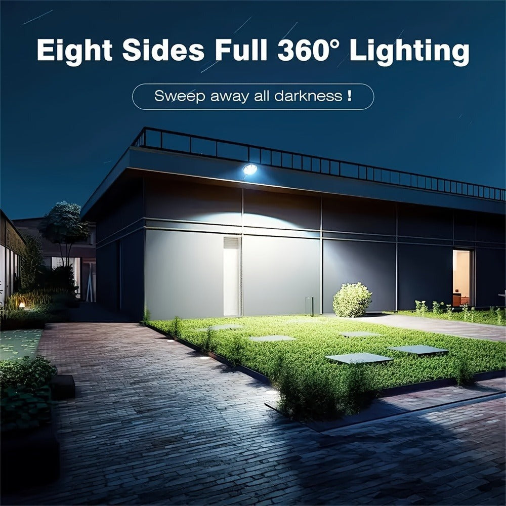 Juego de 2 farolas solares con sensor de movimiento y control remoto, luces solares de jardín de 168 LED con 3 modos de iluminación, reflector de iluminación de ángulo amplio de 360°, para calles comerciales, garajes, patios, terrazas de jardín y emergenc