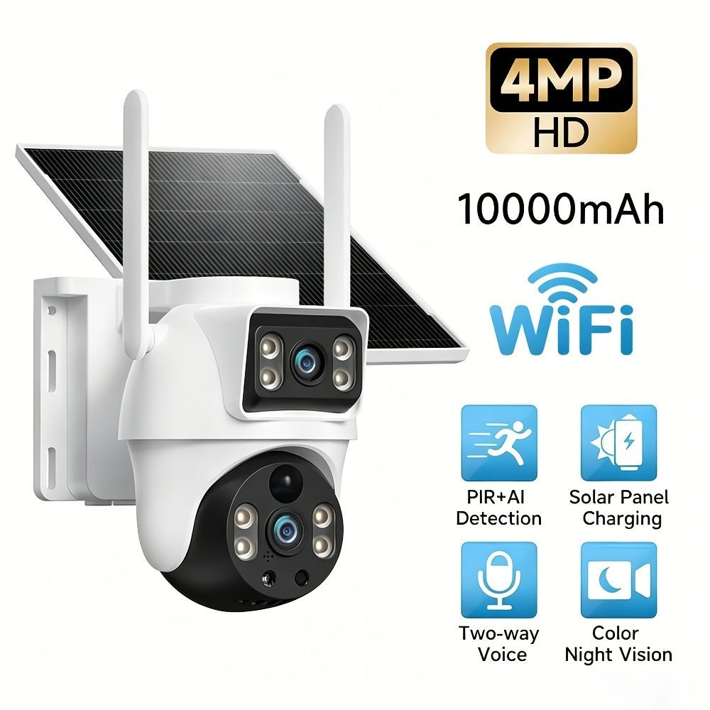 Cámara de seguridad XIAOVV de doble lente y doble pantalla, cámara de seguridad inteligente con energía solar, monitoreo PTZ giratorio de 360°, equipada con panel solar y batería, detección de movimiento, visión nocturna en color, adecuada para hogar/nego