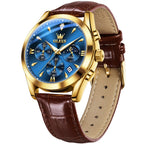 OLEVS Reloj para Hombre Clásico Cronógrafo Cuero Marrón Caja Dorada Analógico Cuarzo Moda Negocios Vestir Cara Grande Reloj de Hombre Día Fecha Luminoso Casual Reloj de Pulsera Masculino Regalos Románticos Relojes De Hombre Azul/Negro/Blanco/Marrón Esfera