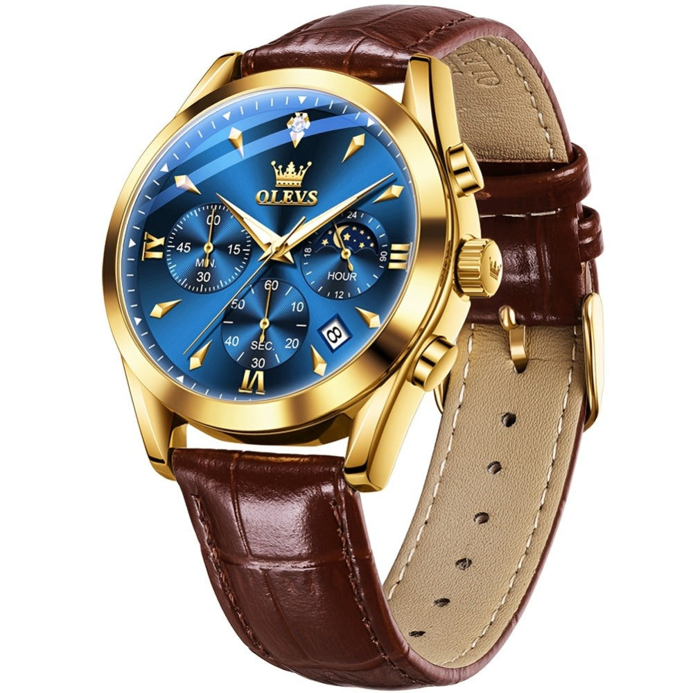 OLEVS Reloj para Hombre Clásico Cronógrafo Cuero Marrón Caja Dorada Analógico Cuarzo Moda Negocios Vestir Cara Grande Reloj de Hombre Día Fecha Luminoso Casual Reloj de Pulsera Masculino Regalos Románticos Relojes De Hombre Azul/Negro/Blanco/Marrón Esfera