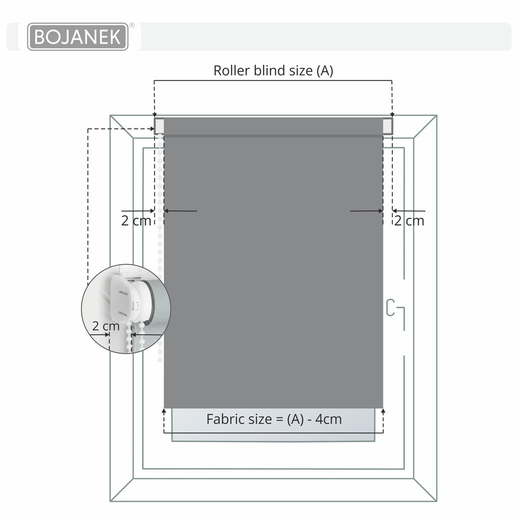 Persiana Enrollable para Ventana • BLANCA • 32 Tamaños • BOJANEK MINI ROLLER BLIND • Soportes Ajustables • Instalación sin Taladro en la Ventana • Persiana Enrollable con Mecanismo de Cadena • Cubierta de Ventana Protectora contra el Sol • Ideal para Saló