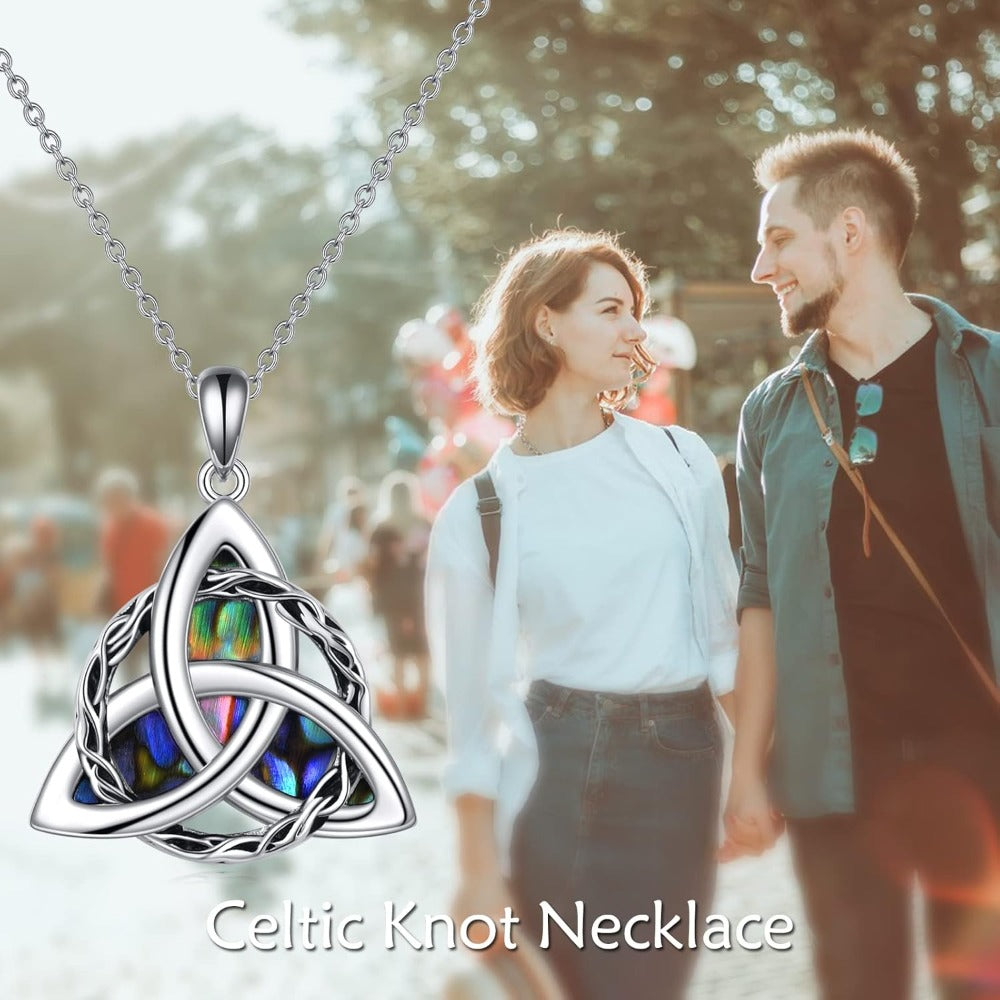 Collar de plata de ley 925 con nudo celta triquetra y concha de abulón, colgante irlandés de la suerte retro, joyería elegante de uso diario para mujer, accesorio de moda clásico
