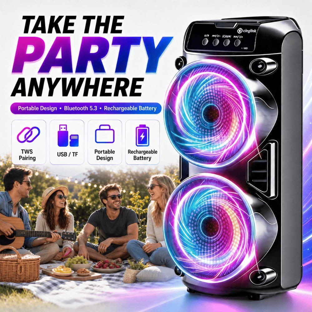 Altavoz Inalámbrico Portátil con Micrófono Conectable, Luces de Colores Multimodo. Compatible con Tarjeta TF, USB Tipo-C y Radio FM, Ideal para Fiestas, Karaoke Disco, Camping al Aire Libre