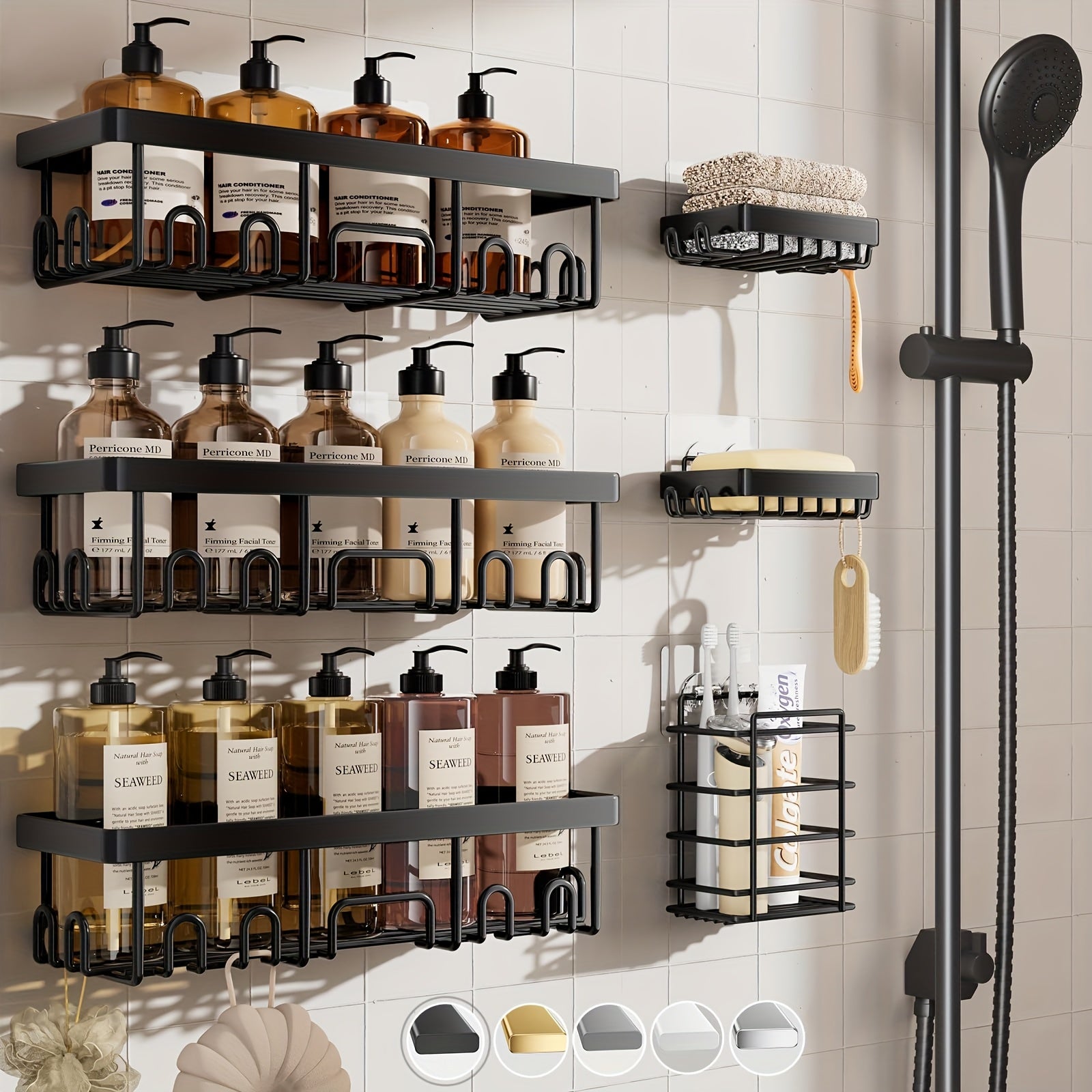 Juego de 6 organizadores de ducha, estantes negros para el baño, cestas de acero inoxidable para montaje en pared con adhesivo para dentro de la ducha, organizadores de ducha