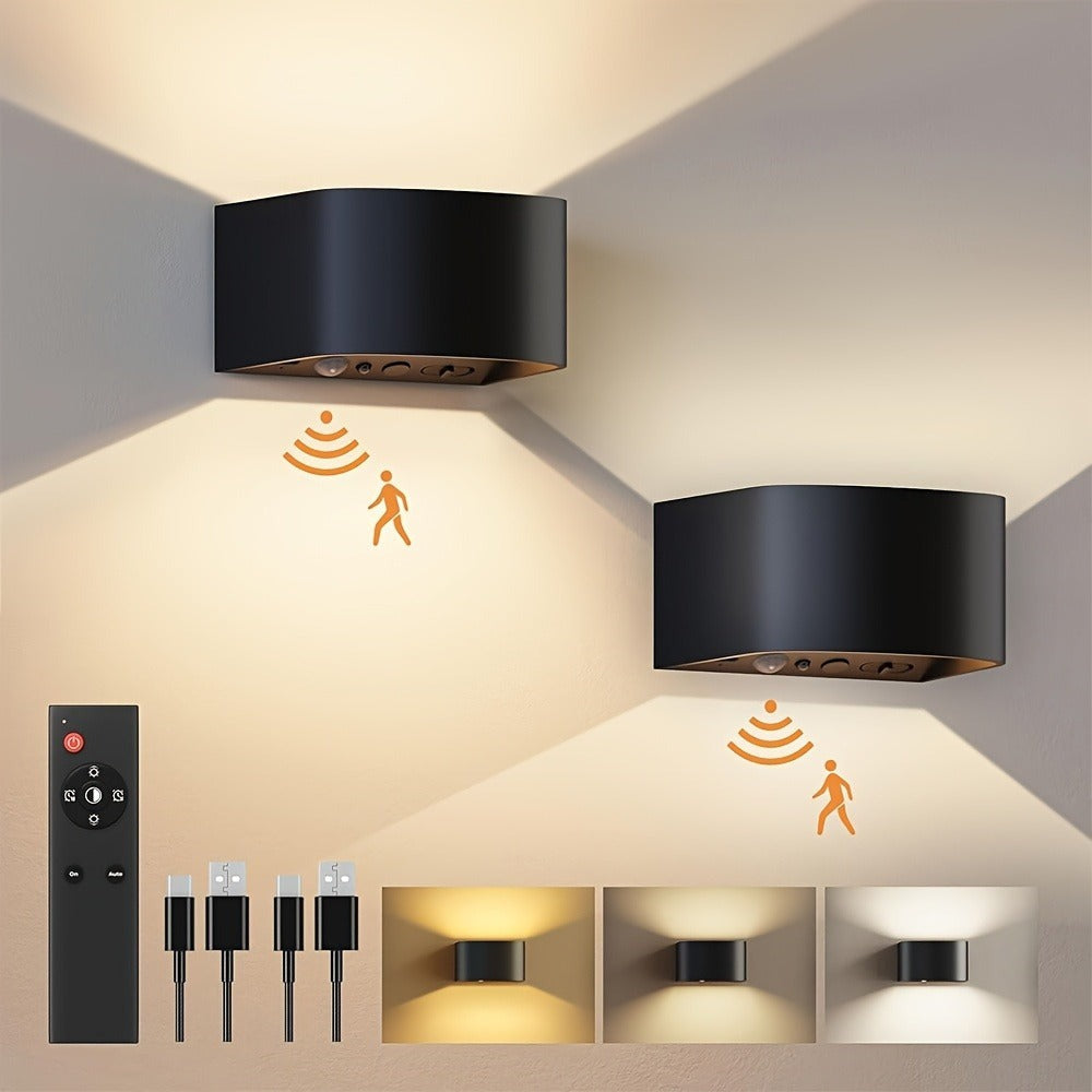[2 piezas] Lámpara de pared a batería para interior con sensor de movimiento, control remoto, 3 colores, luz de pared, luz de pared LED para interior de luz arriba y abajo, 3 modos, lámparas de pared recargables a batería, brillo ajustable